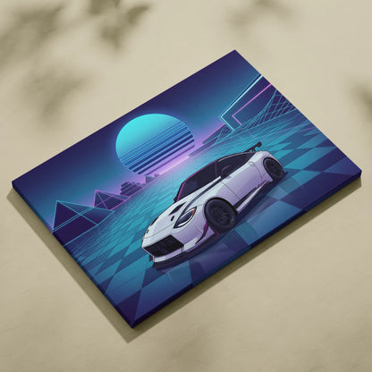 Nissan Z Inspired White Blue Canvas Wall Art Vaporwave Neon Grid JDM Sports Car Artwork, Retro Futuristic Garage Decor