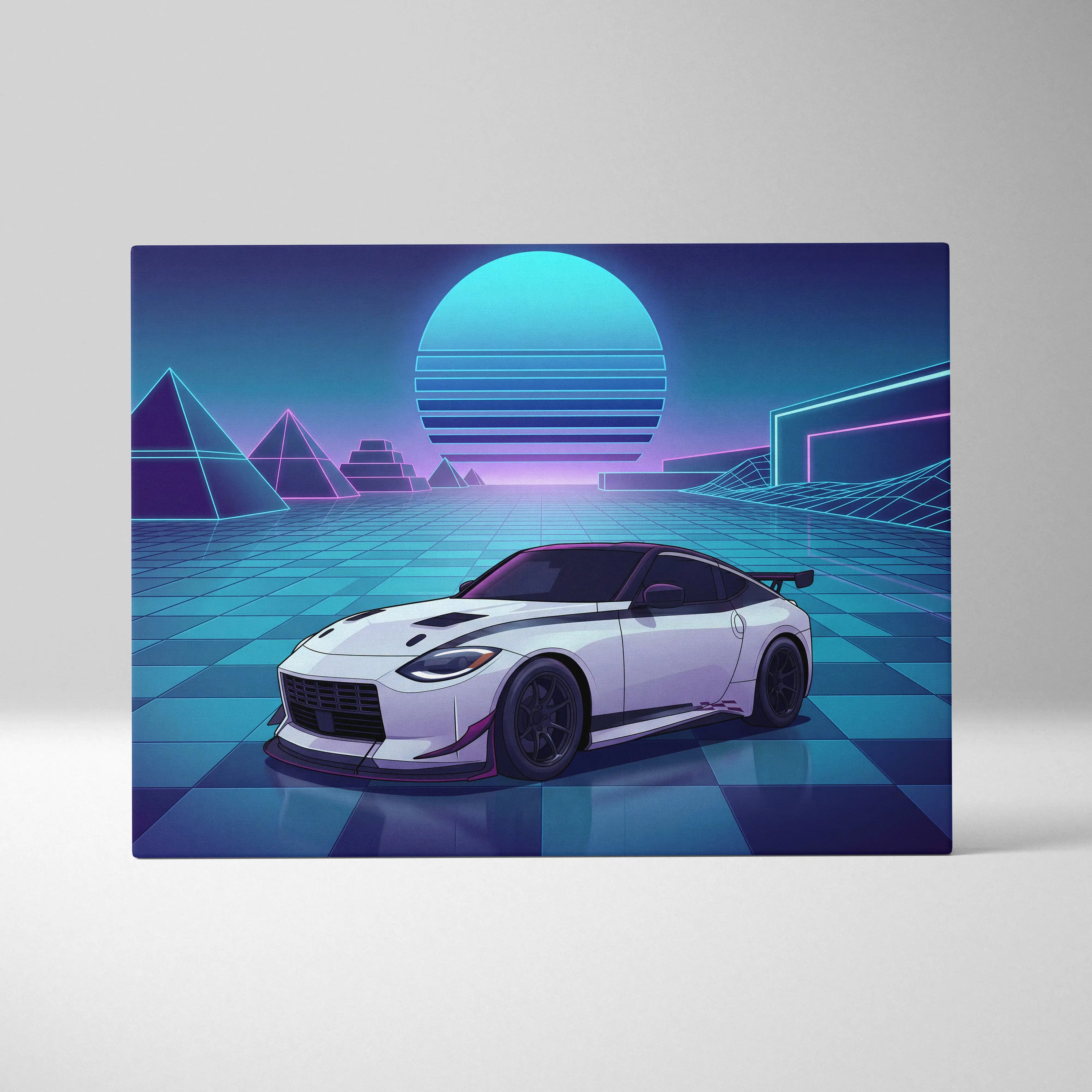 Nissan Z Inspired White Blue Canvas Wall Art Vaporwave Neon Grid JDM Sports Car Artwork, Retro Futuristic Garage Decor
