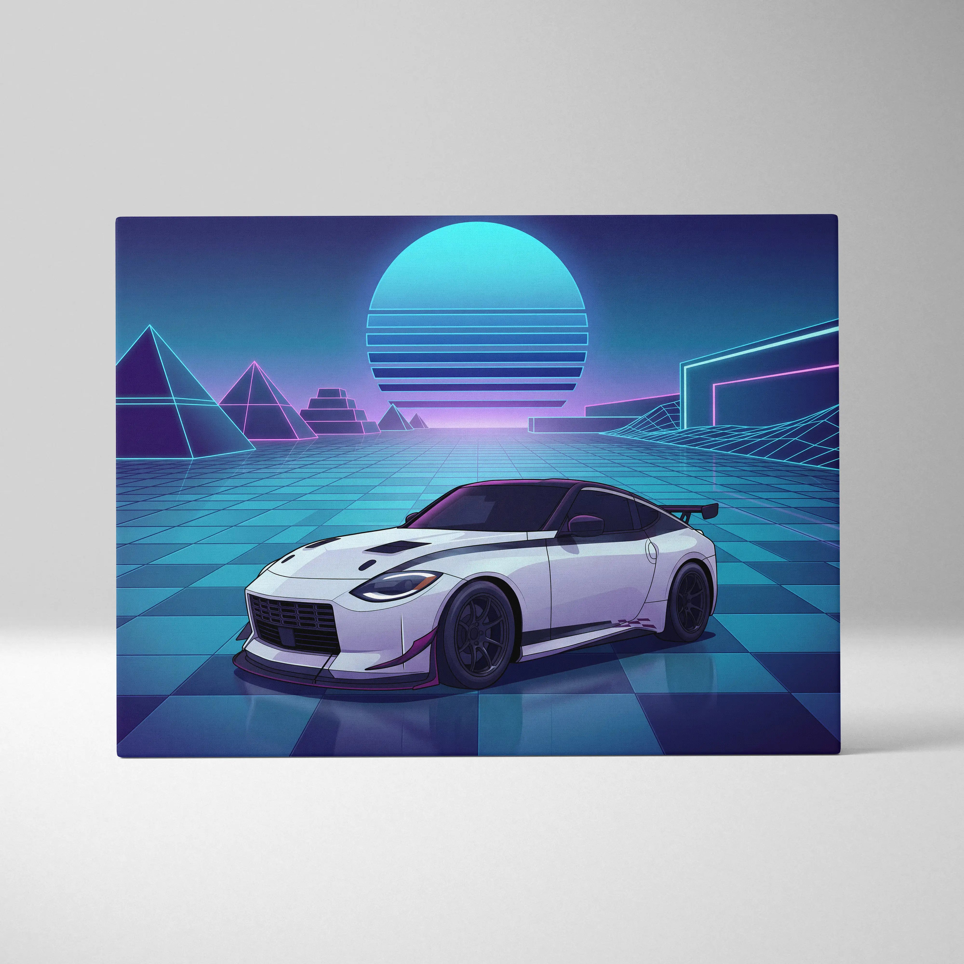 Nissan Z Inspired White Blue Canvas Wall Art Vaporwave Neon Grid JDM Sports Car Artwork, Retro Futuristic Garage Decor