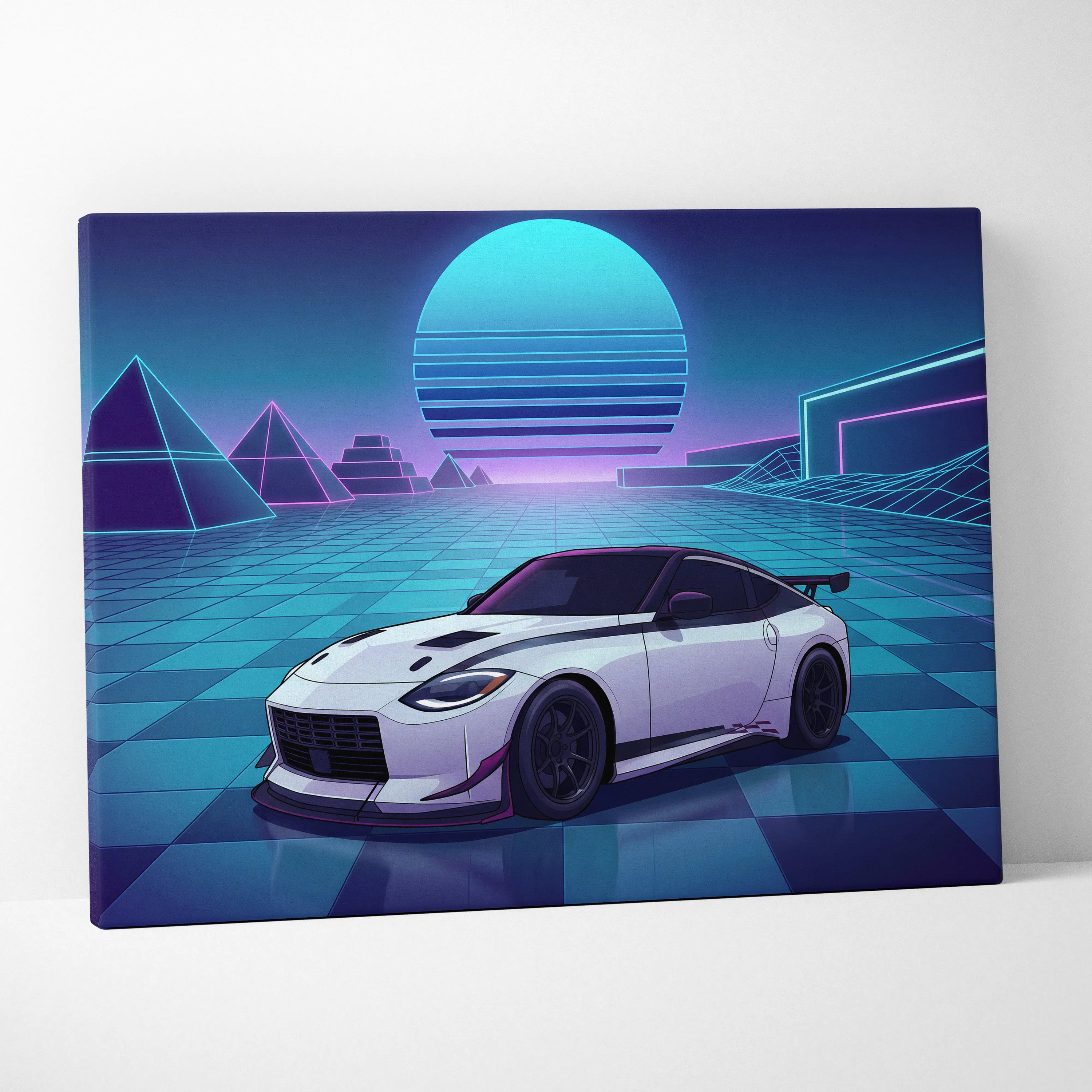 Nissan Z Inspired White Blue Canvas Wall Art Vaporwave Neon Grid JDM Sports Car Artwork, Retro Futuristic Garage Decor