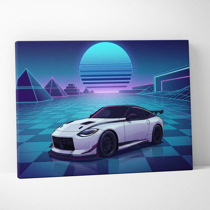 Nissan Z Inspired White Blue Canvas Wall Art Vaporwave Neon Grid JDM Sports Car Artwork, Retro Futuristic Garage Decor