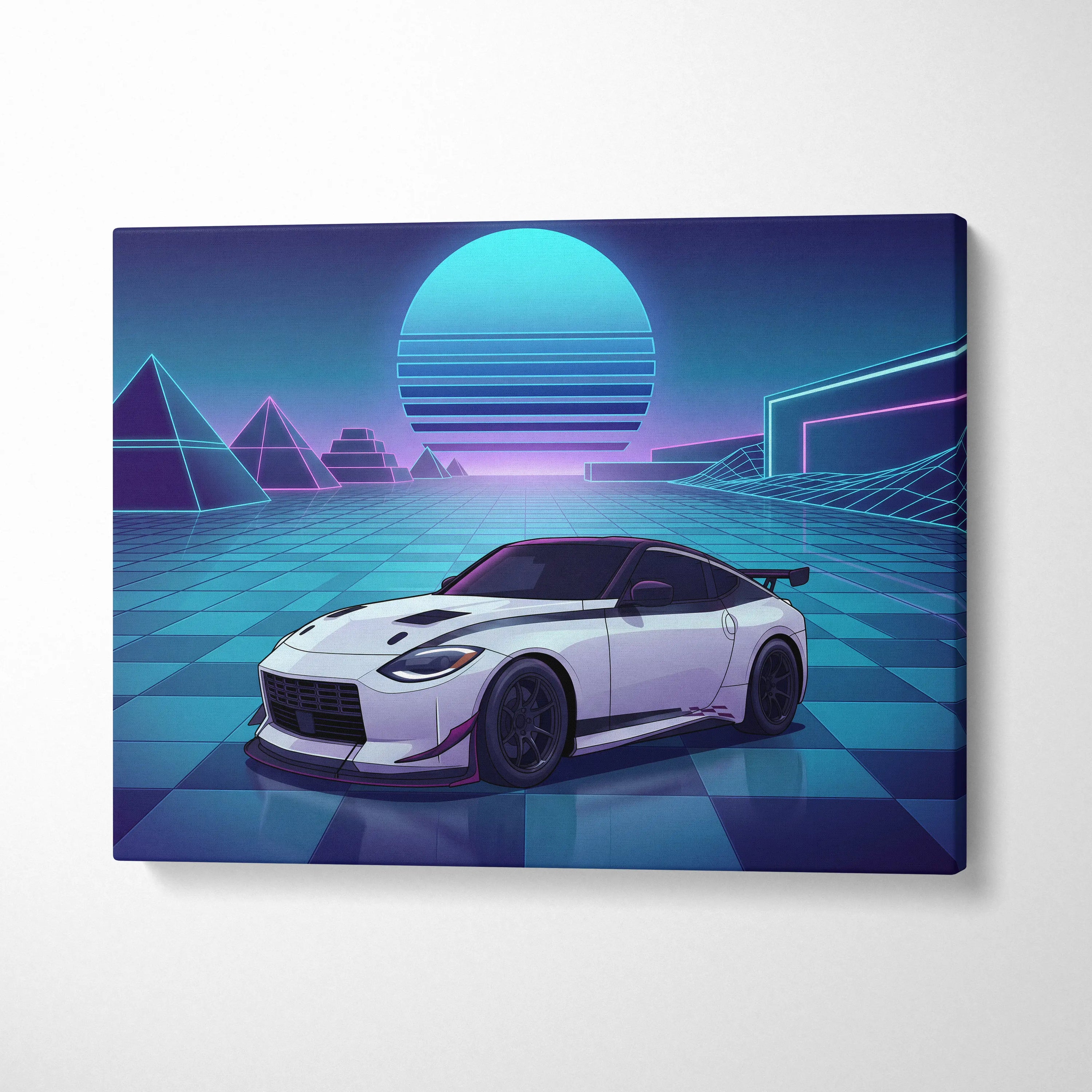 Nissan Z Inspired White Blue Canvas Wall Art Vaporwave Neon Grid JDM Sports Car Artwork, Retro Futuristic Garage Decor