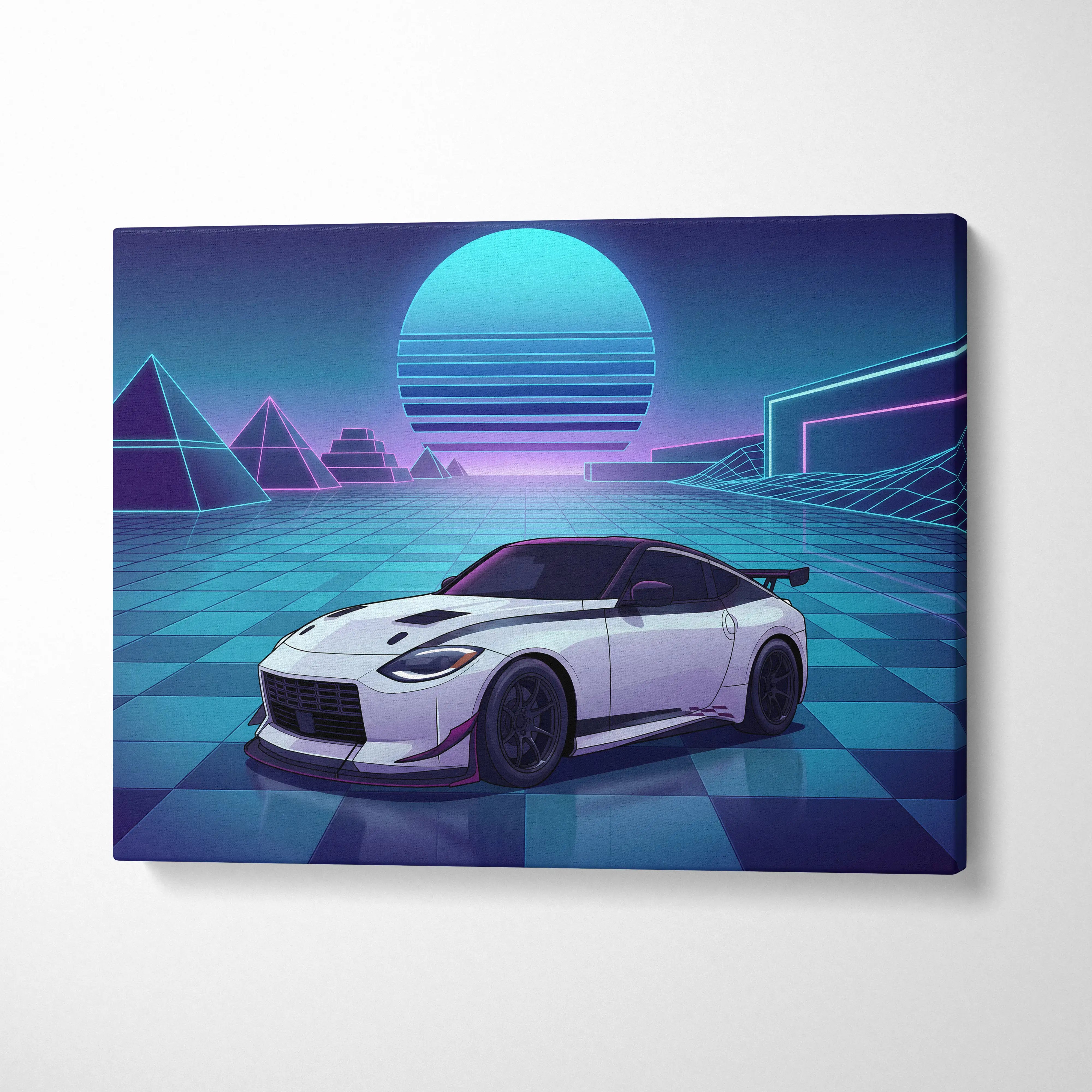 Nissan Z Inspired White Blue Canvas Wall Art Vaporwave Neon Grid JDM Sports Car Artwork, Retro Futuristic Garage Decor