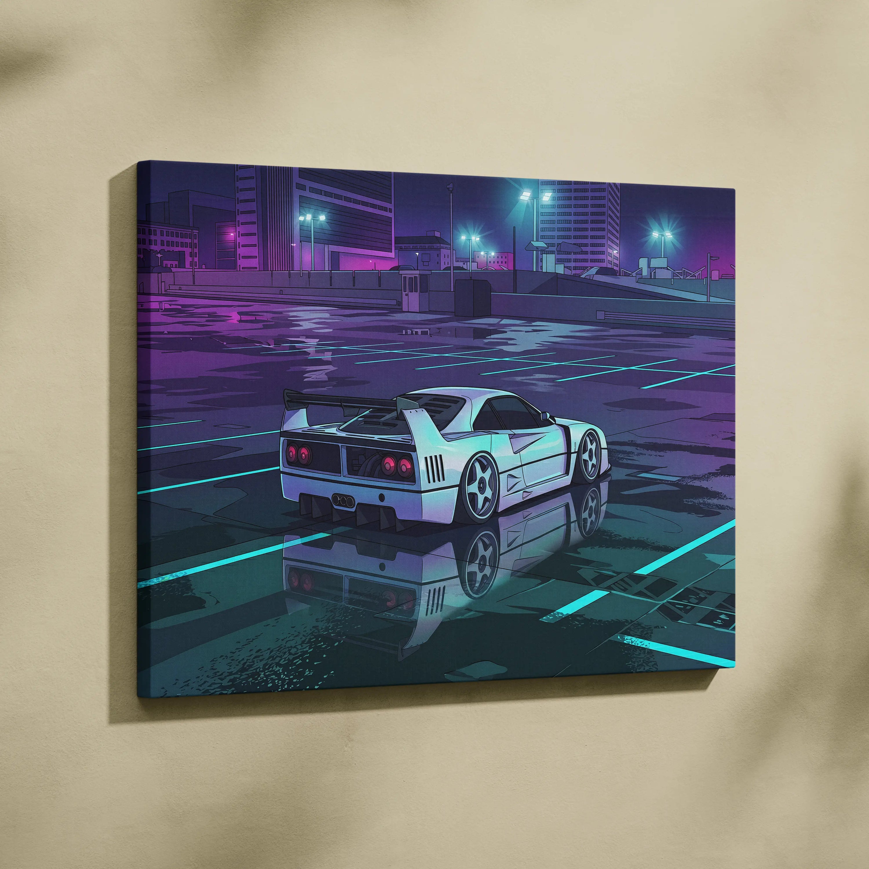 Ferrari F40 Inspired White Purple Canvas Wall Art, Vaporwave Supercar Artwork, Neon City Garage Decor, Retro Futuristic Exotic Print
