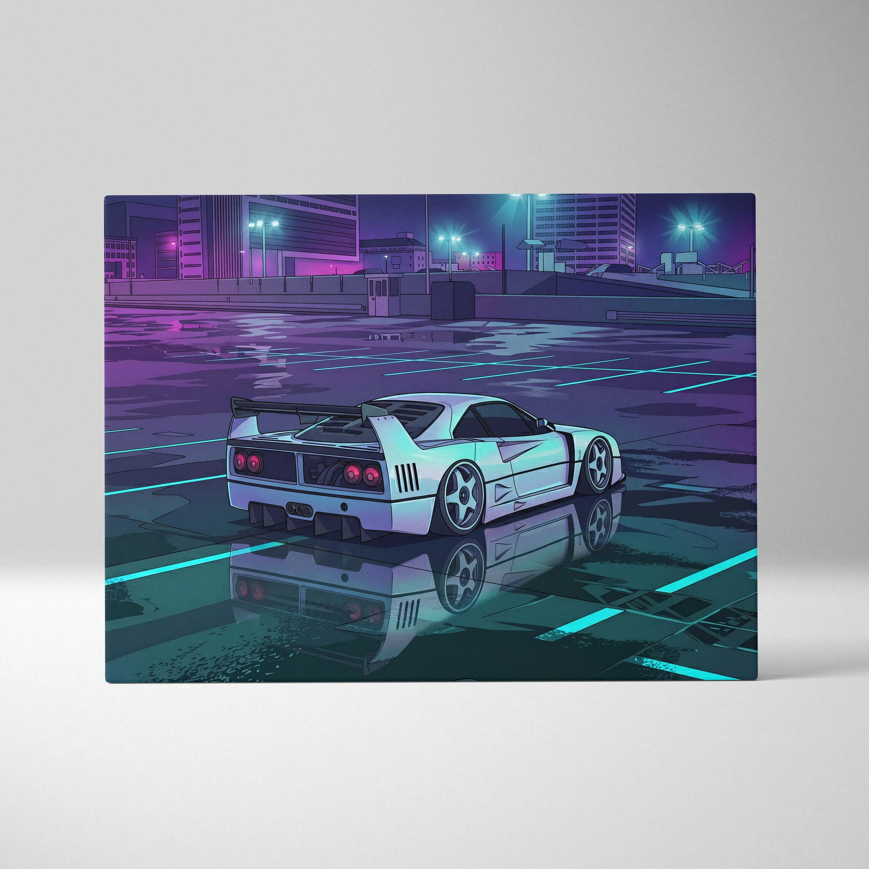 Ferrari F40 Inspired White Purple Canvas Wall Art, Vaporwave Supercar Artwork, Neon City Garage Decor, Retro Futuristic Exotic Print
