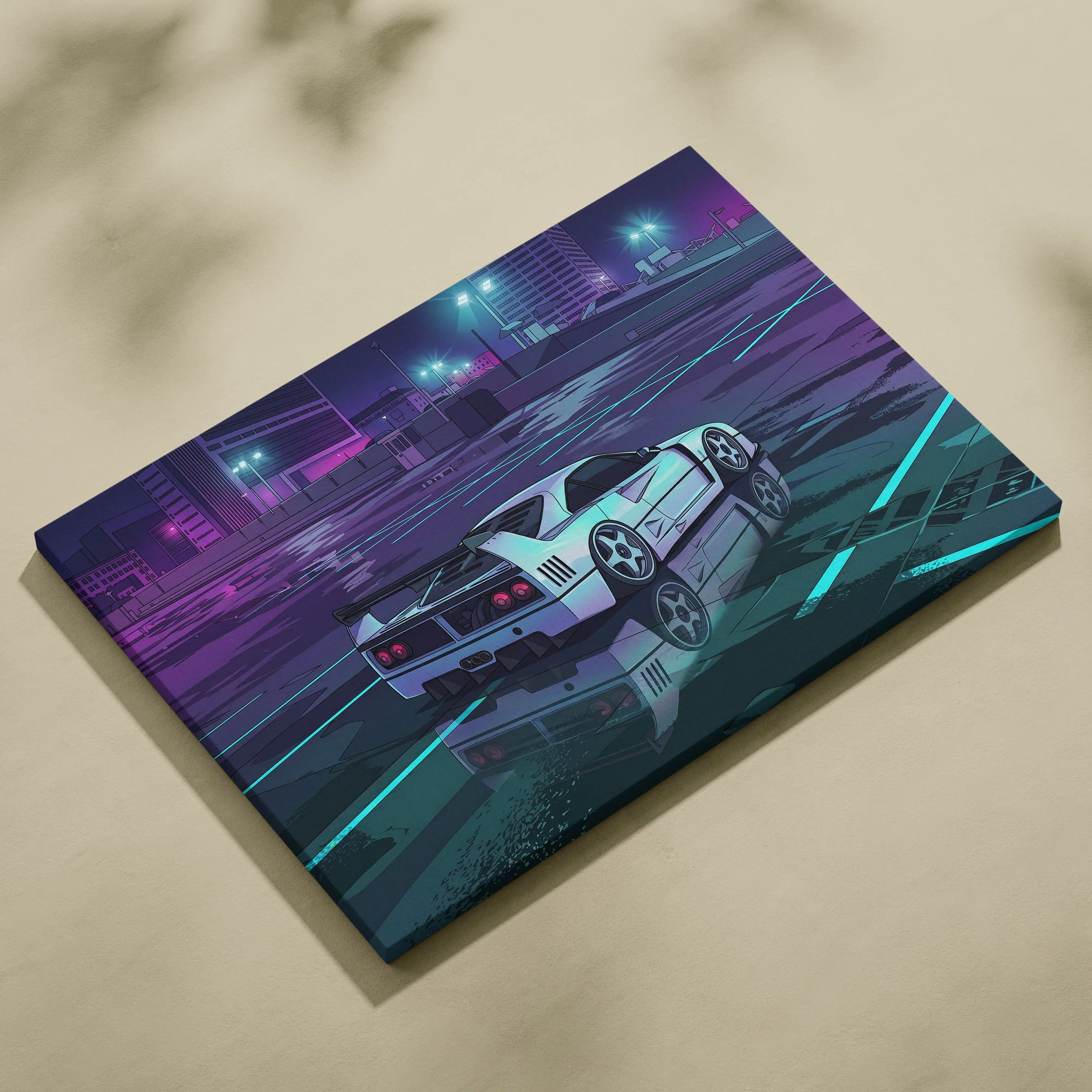 Ferrari F40 Inspired White Purple Canvas Wall Art, Vaporwave Supercar Artwork, Neon City Garage Decor, Retro Futuristic Exotic Print