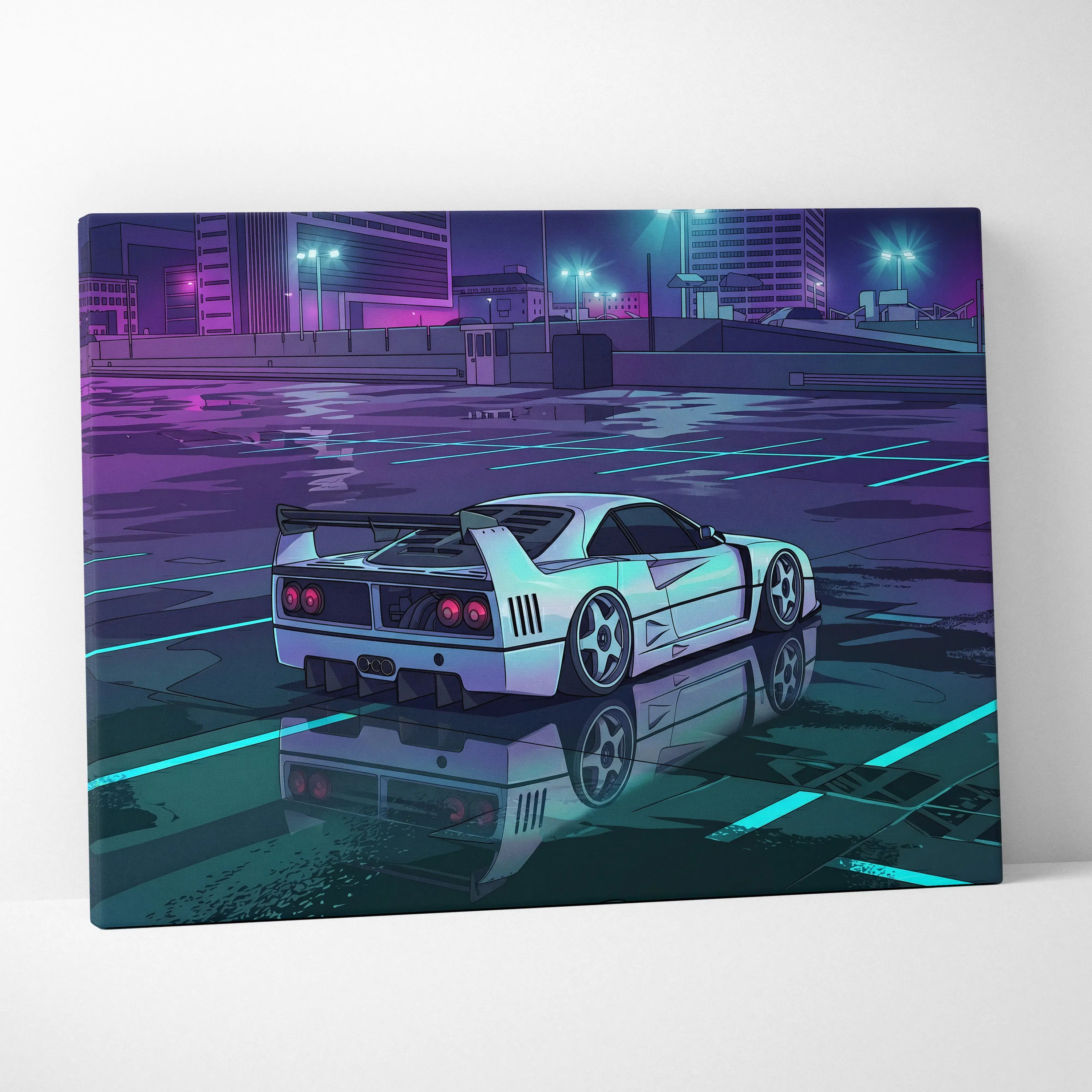 Ferrari F40 Inspired White Purple Canvas Wall Art, Vaporwave Supercar Artwork, Neon City Garage Decor, Retro Futuristic Exotic Print