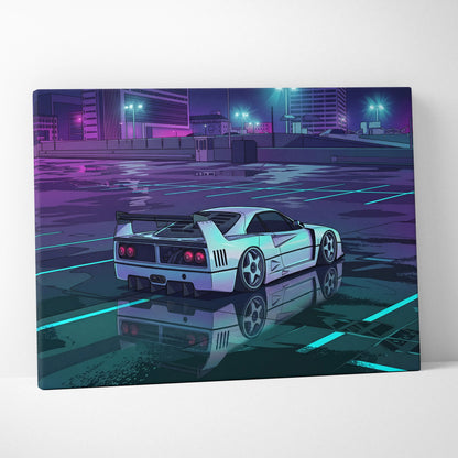 Ferrari F40 Inspired White Purple Canvas Wall Art, Vaporwave Supercar Artwork, Neon City Garage Decor, Retro Futuristic Exotic Print