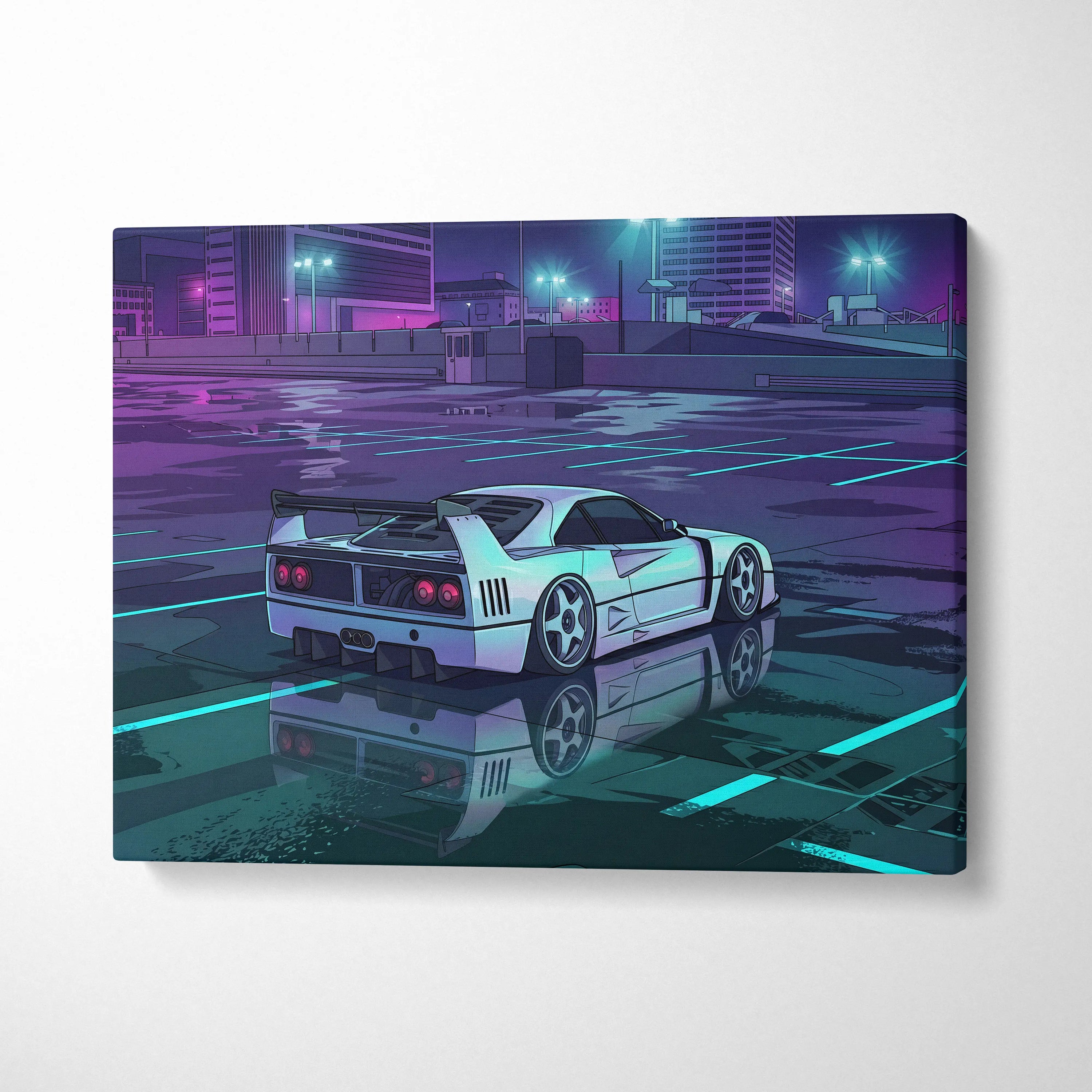 Ferrari F40 Inspired White Purple Canvas Wall Art, Vaporwave Supercar Artwork, Neon City Garage Decor, Retro Futuristic Exotic Print