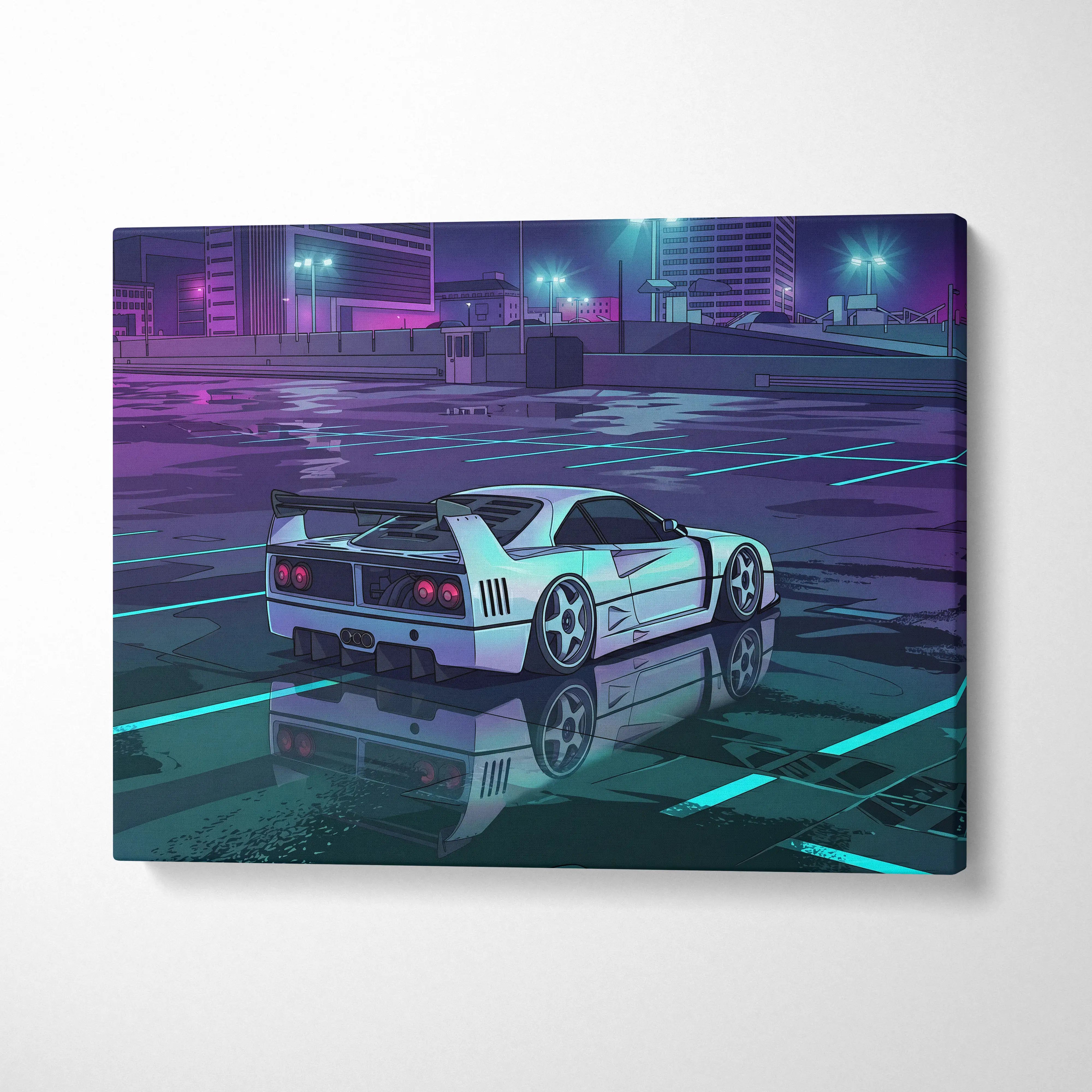 A sleek white ferrari f40 with red taillights and rear spoiler in neon-lit rain-slicked lot on purple canvas wall art