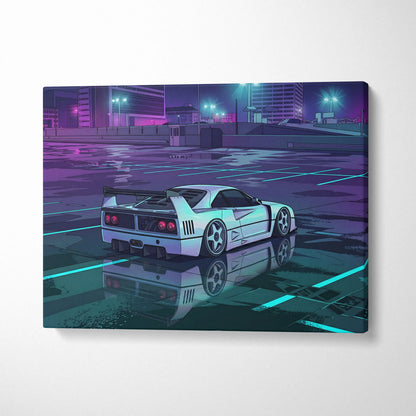 Ferrari F40 Inspired White Purple Canvas Wall Art, Vaporwave Supercar Artwork, Neon City Garage Decor, Retro Futuristic Exotic Print