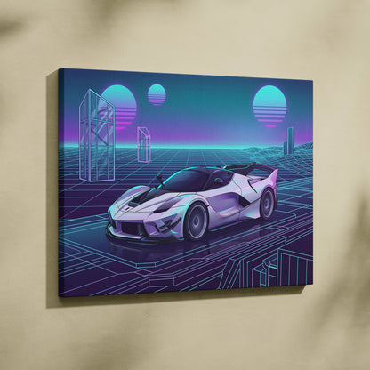 Ferrari FXX-K Evo Inspired White Purple Canvas Wall Art, Vaporwave Hypercar Artwork, Neon Grid Garage Decor, Retro Futuristic Exotic Car Print