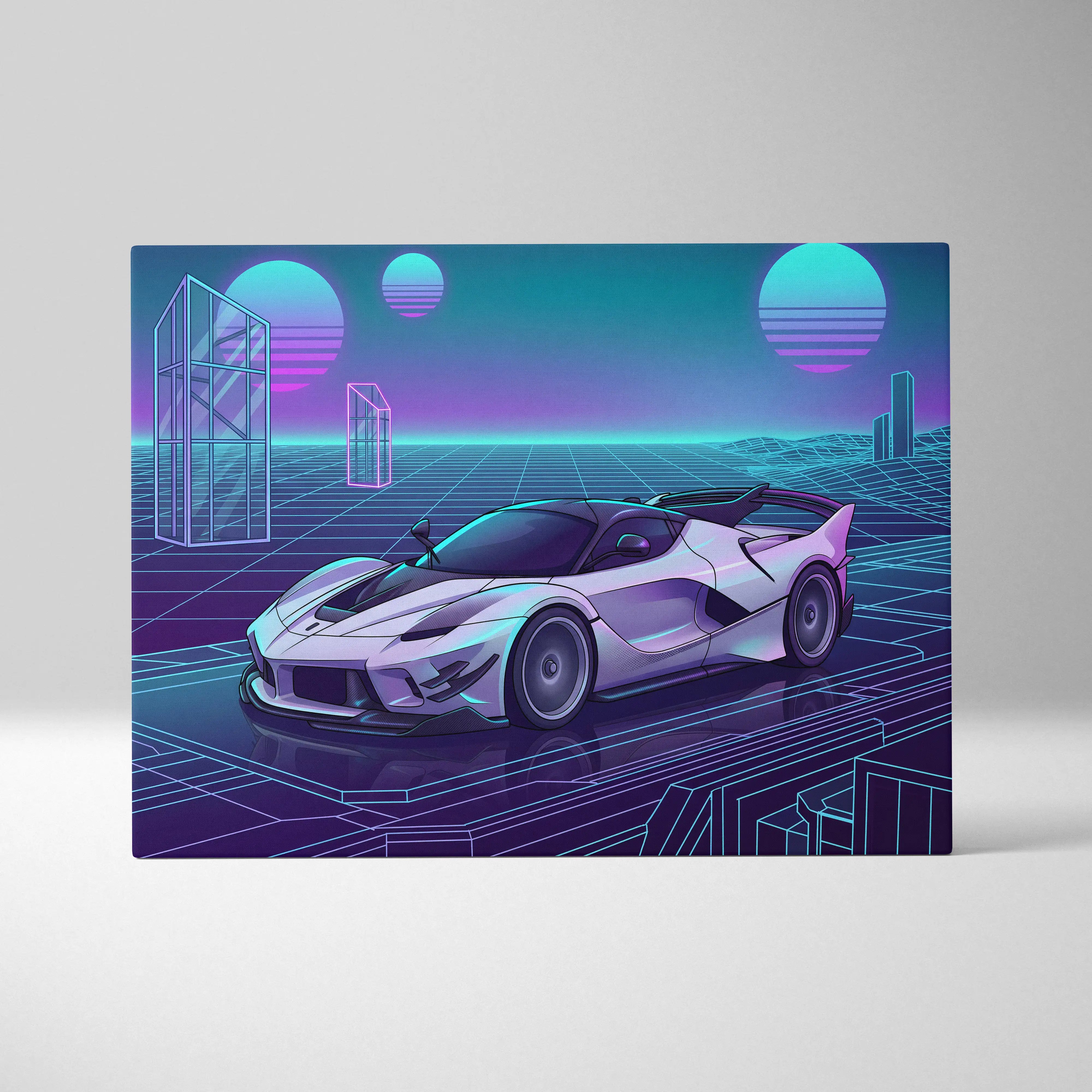 Ferrari FXX-K Evo Inspired White Purple Canvas Wall Art, Vaporwave Hypercar Artwork, Neon Grid Garage Decor, Retro Futuristic Exotic Car Print