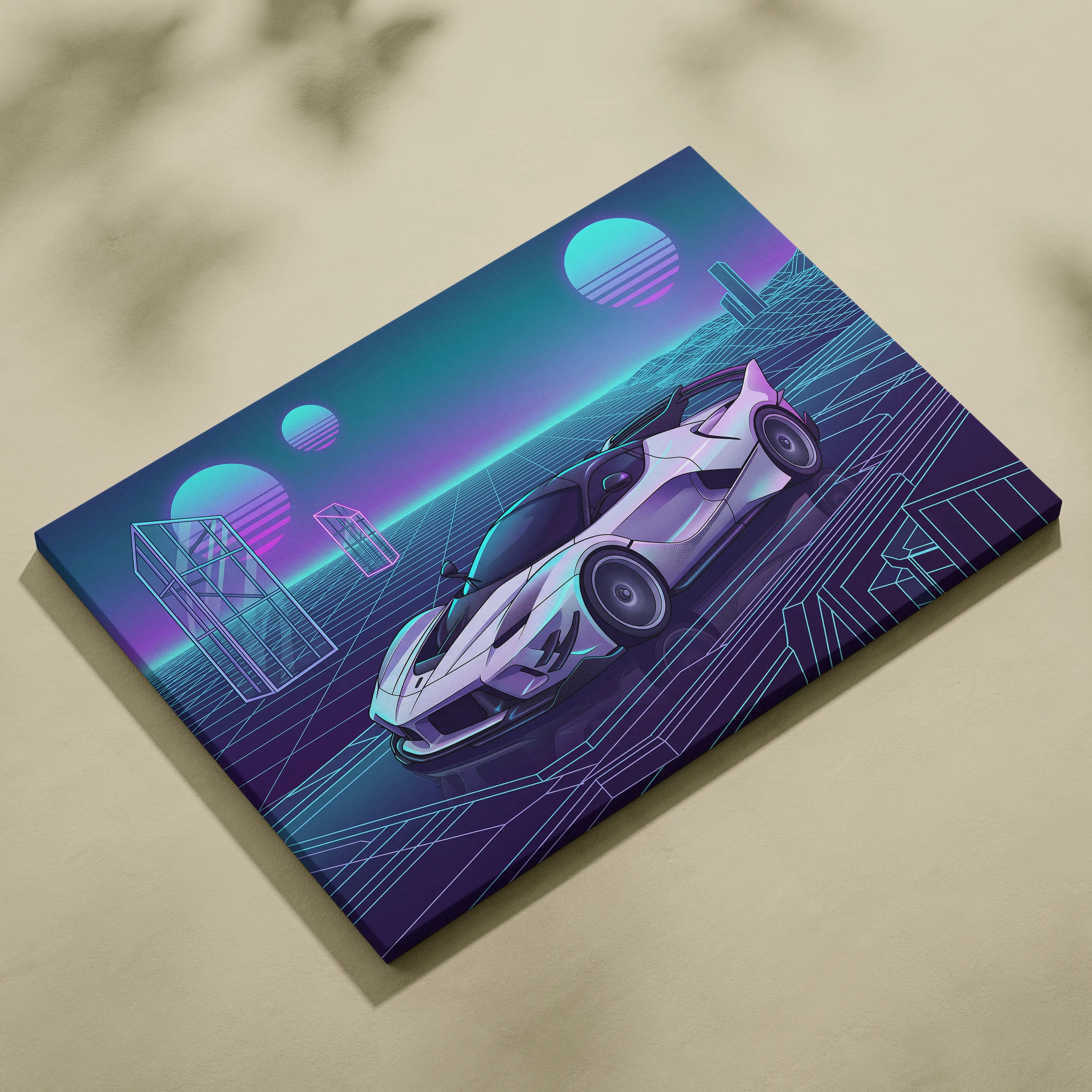 Ferrari FXX-K Evo Inspired White Purple Canvas Wall Art, Vaporwave Hypercar Artwork, Neon Grid Garage Decor, Retro Futuristic Exotic Car Print