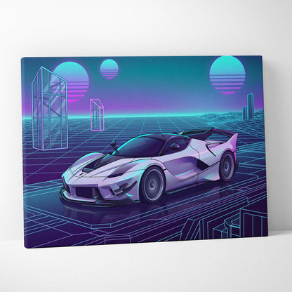 Ferrari FXX-K Evo Inspired White Purple Canvas Wall Art, Vaporwave Hypercar Artwork, Neon Grid Garage Decor, Retro Futuristic Exotic Car Print