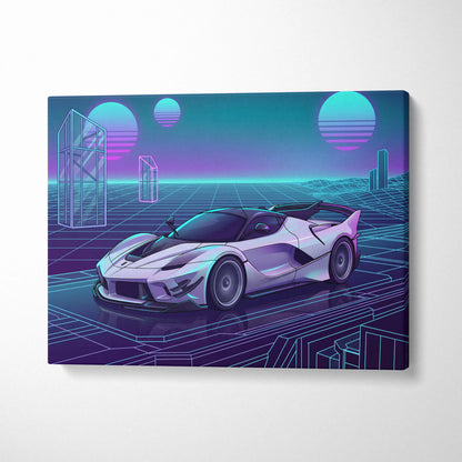 Ferrari FXX-K Evo Inspired White Purple Canvas Wall Art, Vaporwave Hypercar Artwork, Neon Grid Garage Decor, Retro Futuristic Exotic Car Print