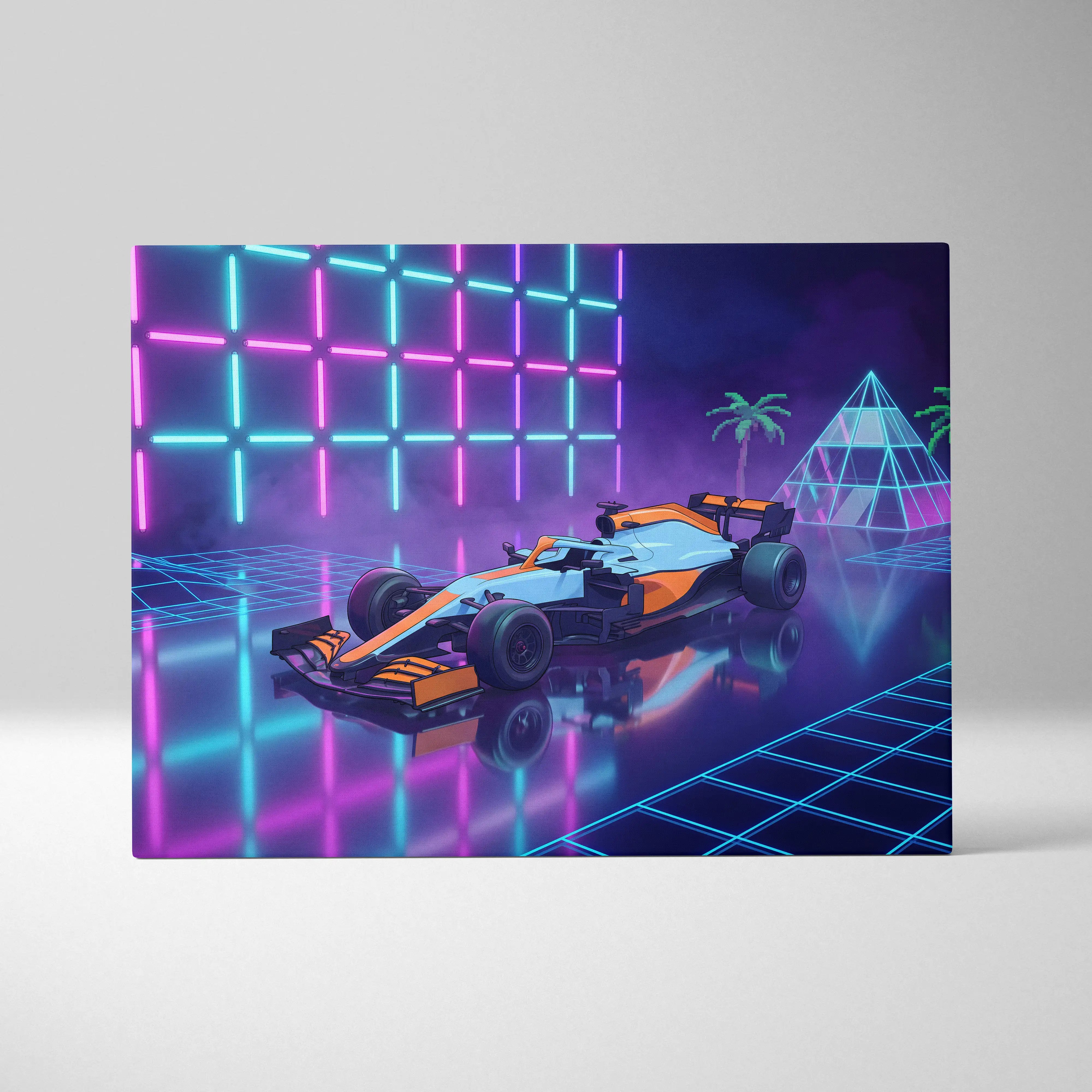 Formula 1 Car Inspired Orange Blue Canvas Wall Art, Vaporwave Race Car Artwork, Neon Grid Garage Decor, Retro Futuristic Motorsport Print