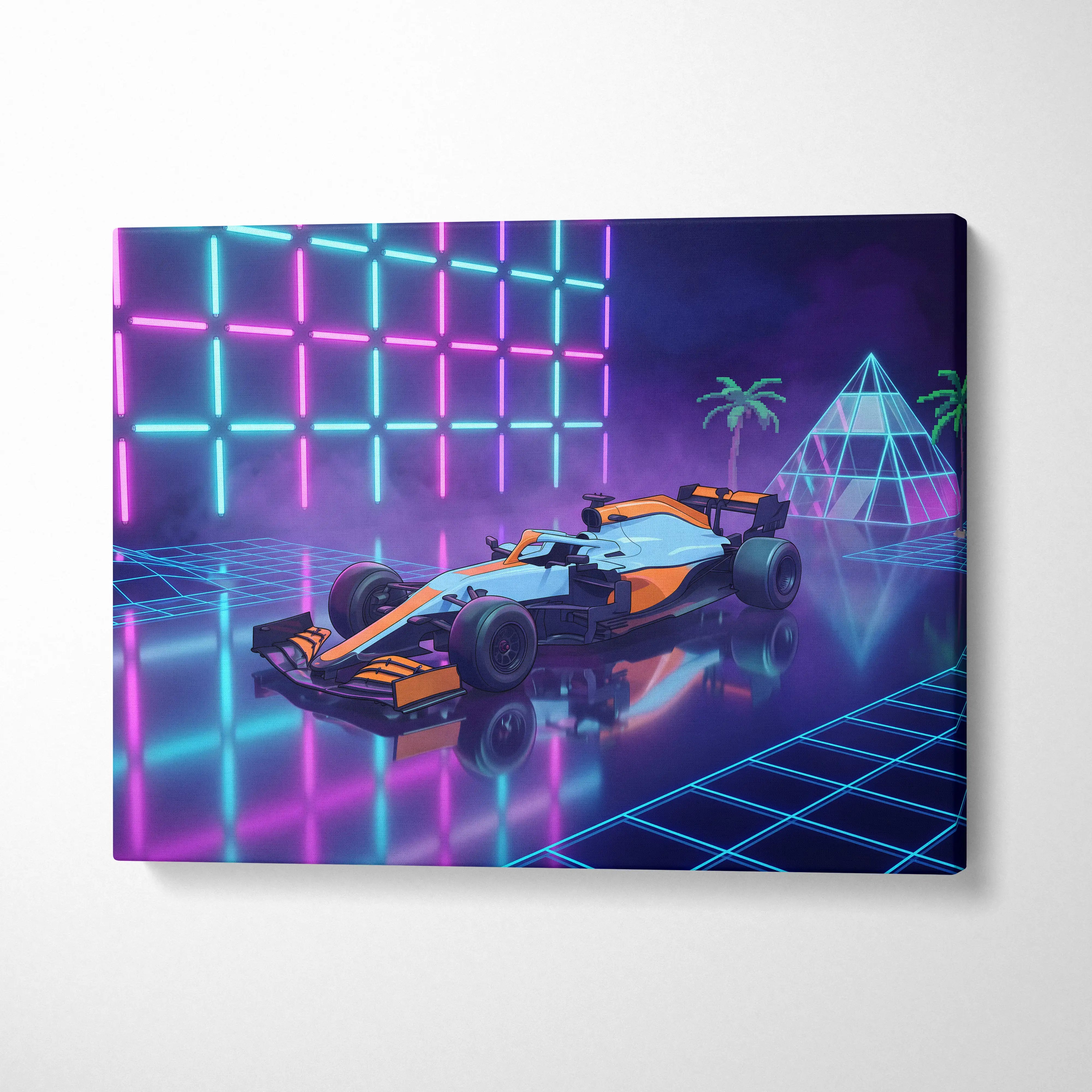 Formula 1 Car Inspired Orange Blue Canvas Wall Art, Vaporwave Race Car Artwork, Neon Grid Garage Decor, Retro Futuristic Motorsport Print