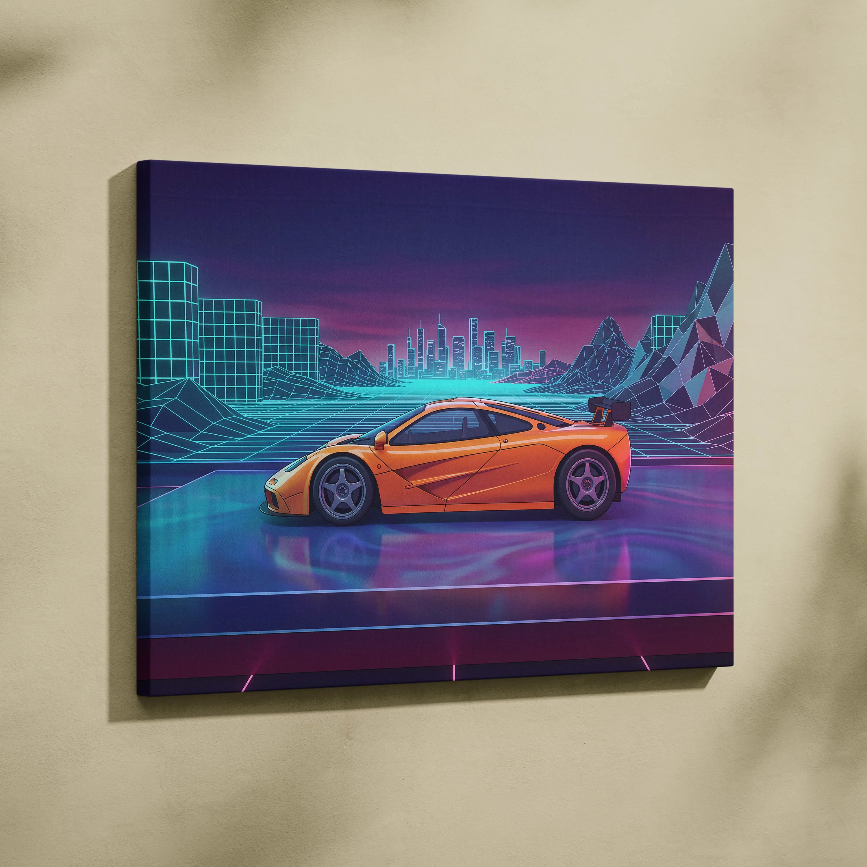 McLaren F1 Inspired Orange Purple Canvas Wall Art, Vaporwave Hypercar Artwork, Neon City Garage Decor, Retro Futuristic Exotic Print