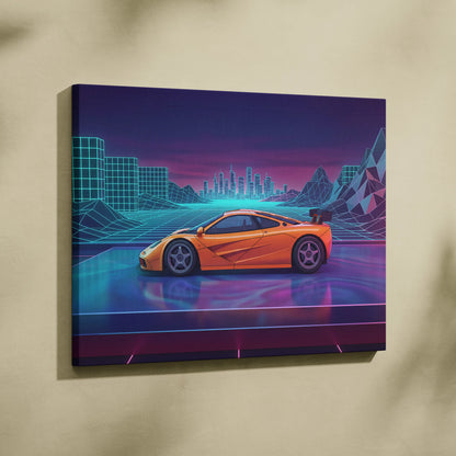 McLaren F1 Inspired Orange Purple Canvas Wall Art, Vaporwave Hypercar Artwork, Neon City Garage Decor, Retro Futuristic Exotic Print
