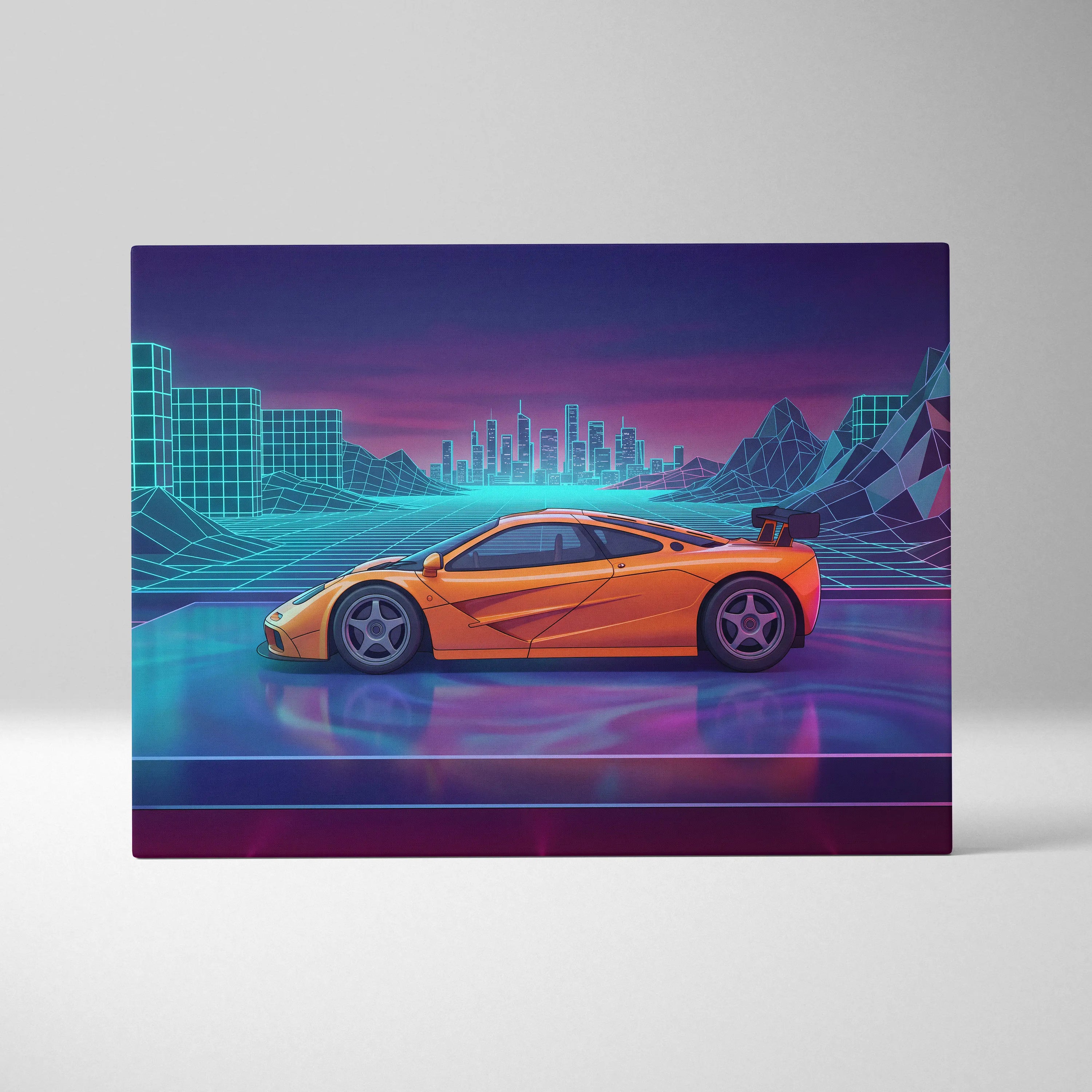 McLaren F1 Inspired Orange Purple Canvas Wall Art, Vaporwave Hypercar Artwork, Neon City Garage Decor, Retro Futuristic Exotic Print