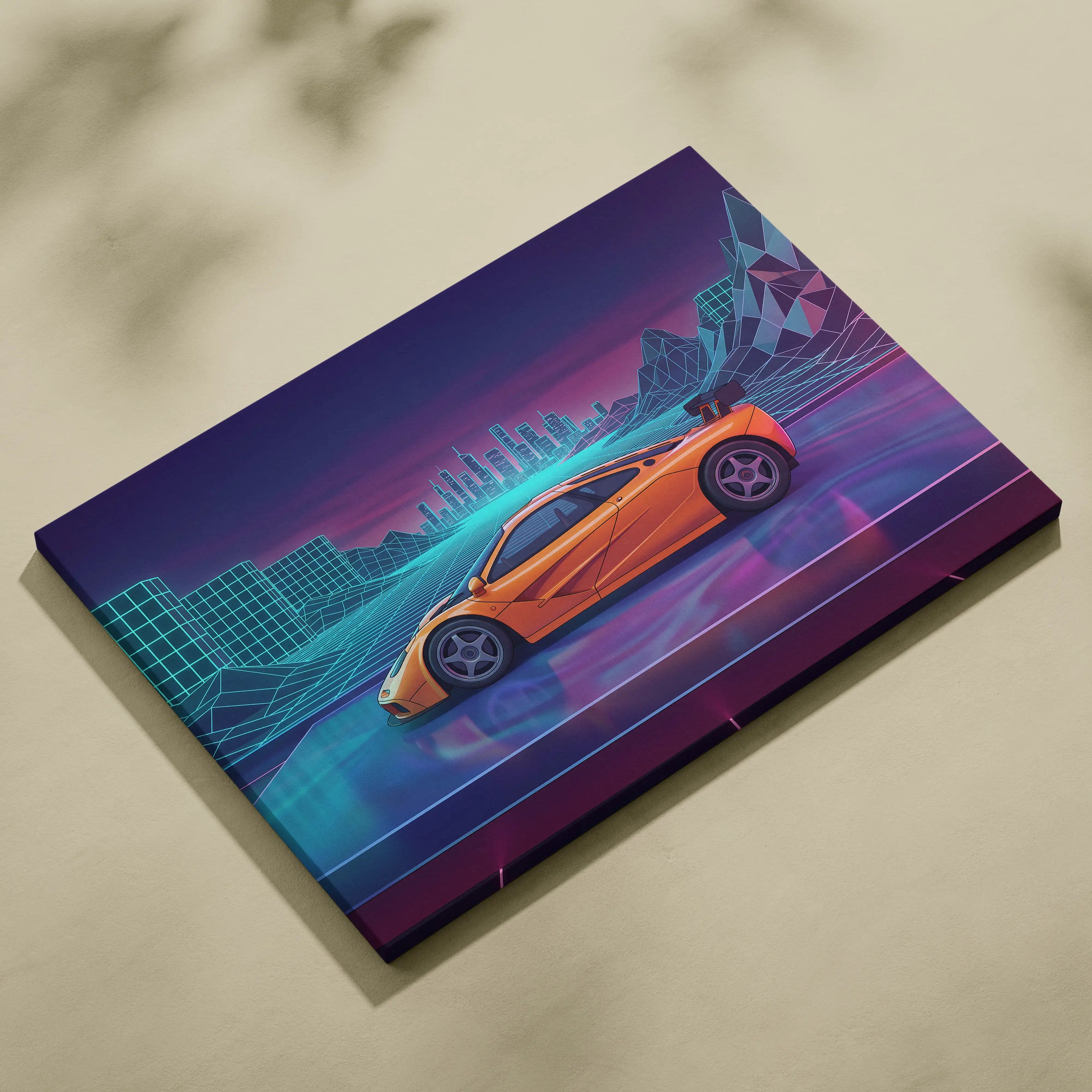 McLaren F1 Inspired Orange Purple Canvas Wall Art, Vaporwave Hypercar Artwork, Neon City Garage Decor, Retro Futuristic Exotic Print