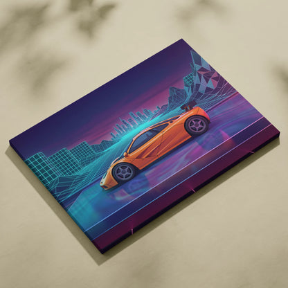 McLaren F1 Inspired Orange Purple Canvas Wall Art, Vaporwave Hypercar Artwork, Neon City Garage Decor, Retro Futuristic Exotic Print