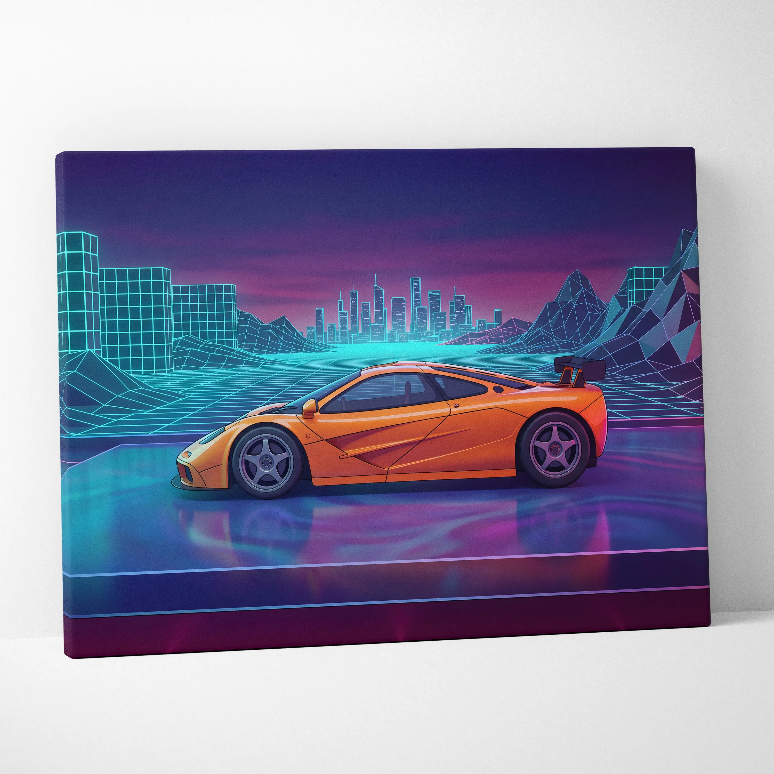 McLaren F1 Inspired Orange Purple Canvas Wall Art, Vaporwave Hypercar Artwork, Neon City Garage Decor, Retro Futuristic Exotic Print