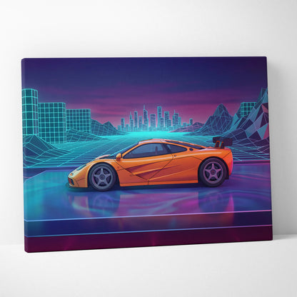 McLaren F1 Inspired Orange Purple Canvas Wall Art, Vaporwave Hypercar Artwork, Neon City Garage Decor, Retro Futuristic Exotic Print