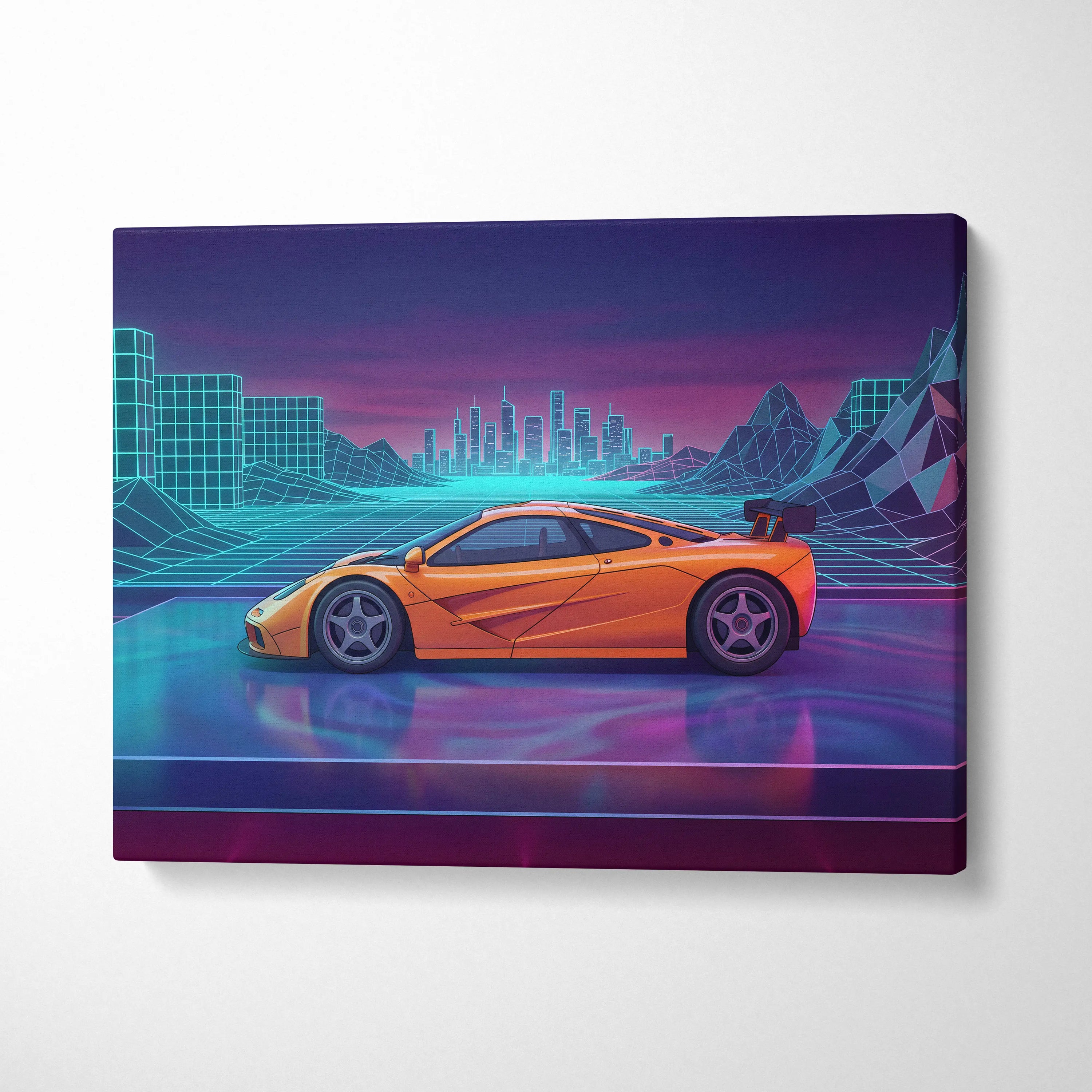 McLaren F1 Inspired Orange Purple Canvas Wall Art, Vaporwave Hypercar Artwork, Neon City Garage Decor, Retro Futuristic Exotic Print