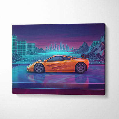 McLaren F1 Inspired Orange Purple Canvas Wall Art, Vaporwave Hypercar Artwork, Neon City Garage Decor, Retro Futuristic Exotic Print