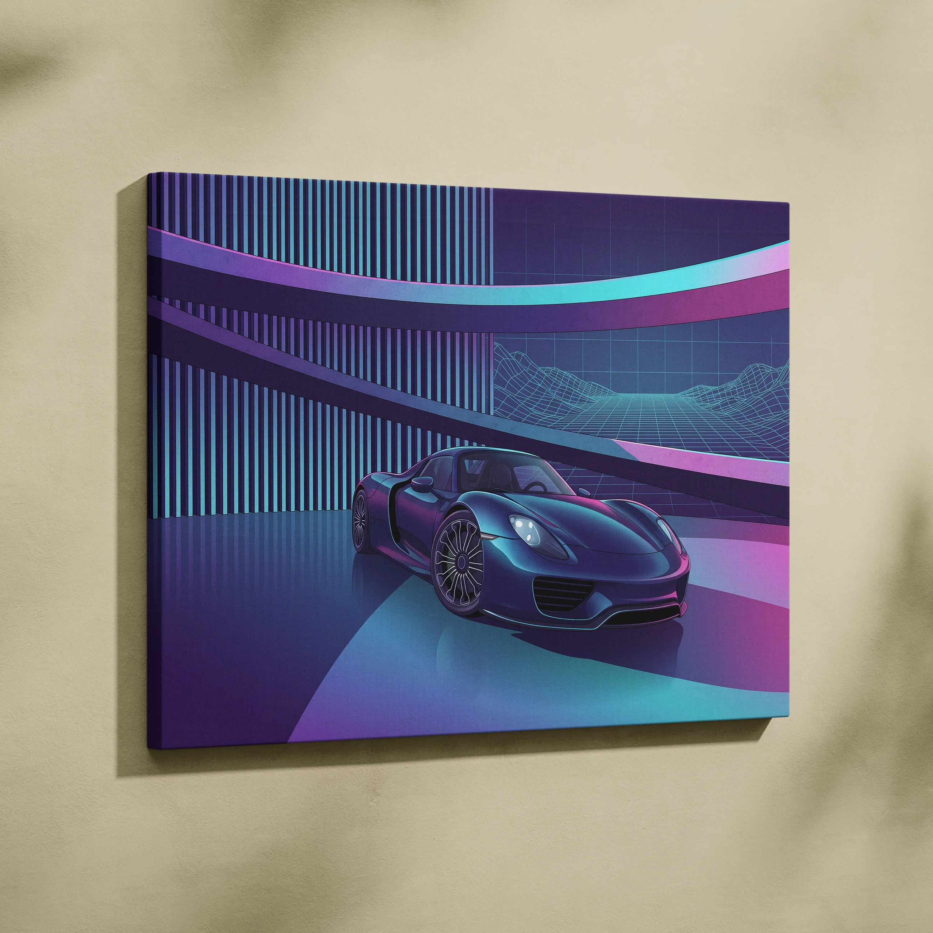 Porsche 918 Spyder Inspired Dark Blue Purple Canvas Wall Art Vaporwave Neon City Hypercar Artwork, Futuristic Garage Decor