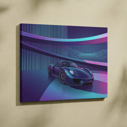 Porsche 918 Spyder Inspired Dark Blue Purple Canvas Wall Art Vaporwave Neon City Hypercar Artwork, Futuristic Garage Decor