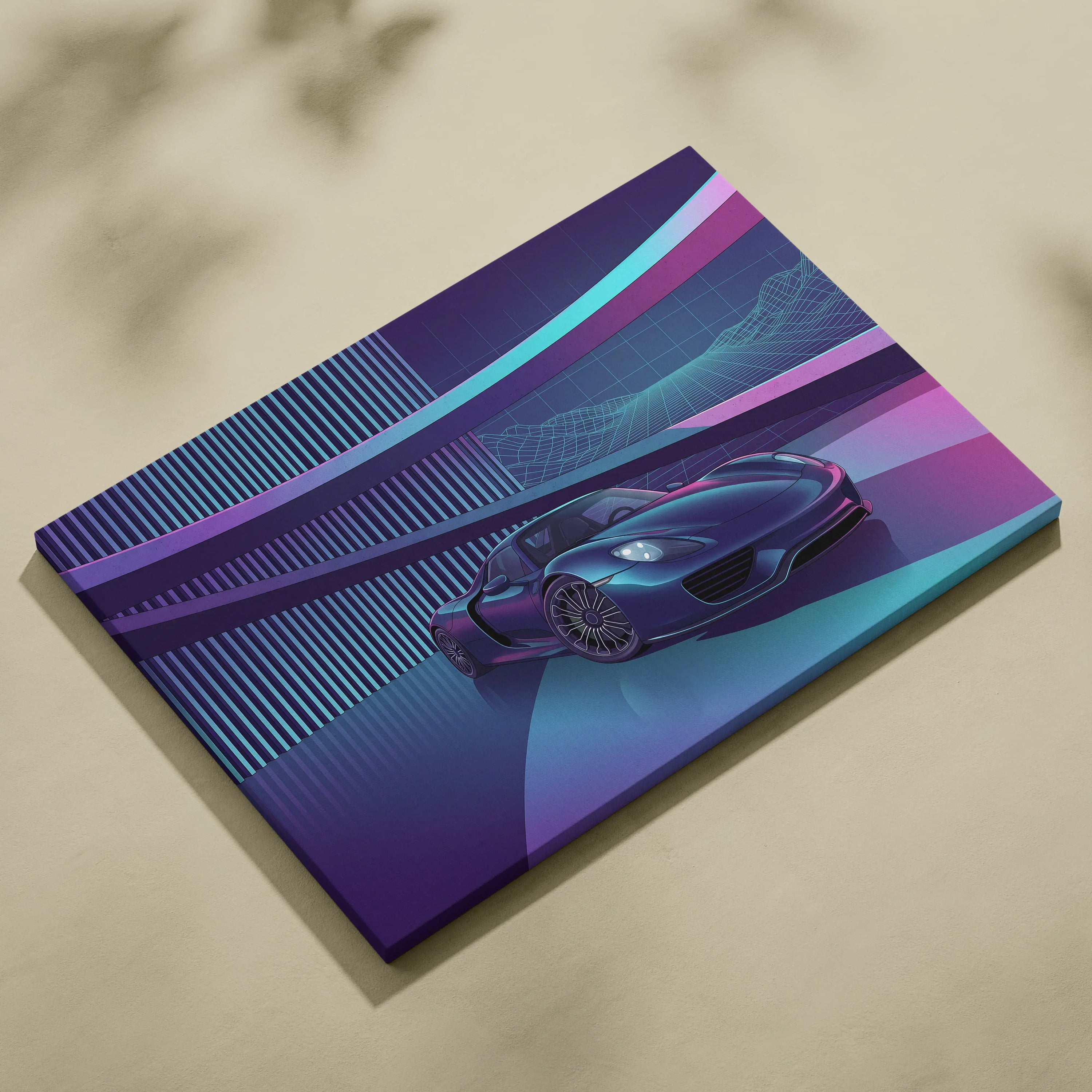 Porsche 918 Spyder Inspired Dark Blue Purple Canvas Wall Art Vaporwave Neon City Hypercar Artwork, Futuristic Garage Decor