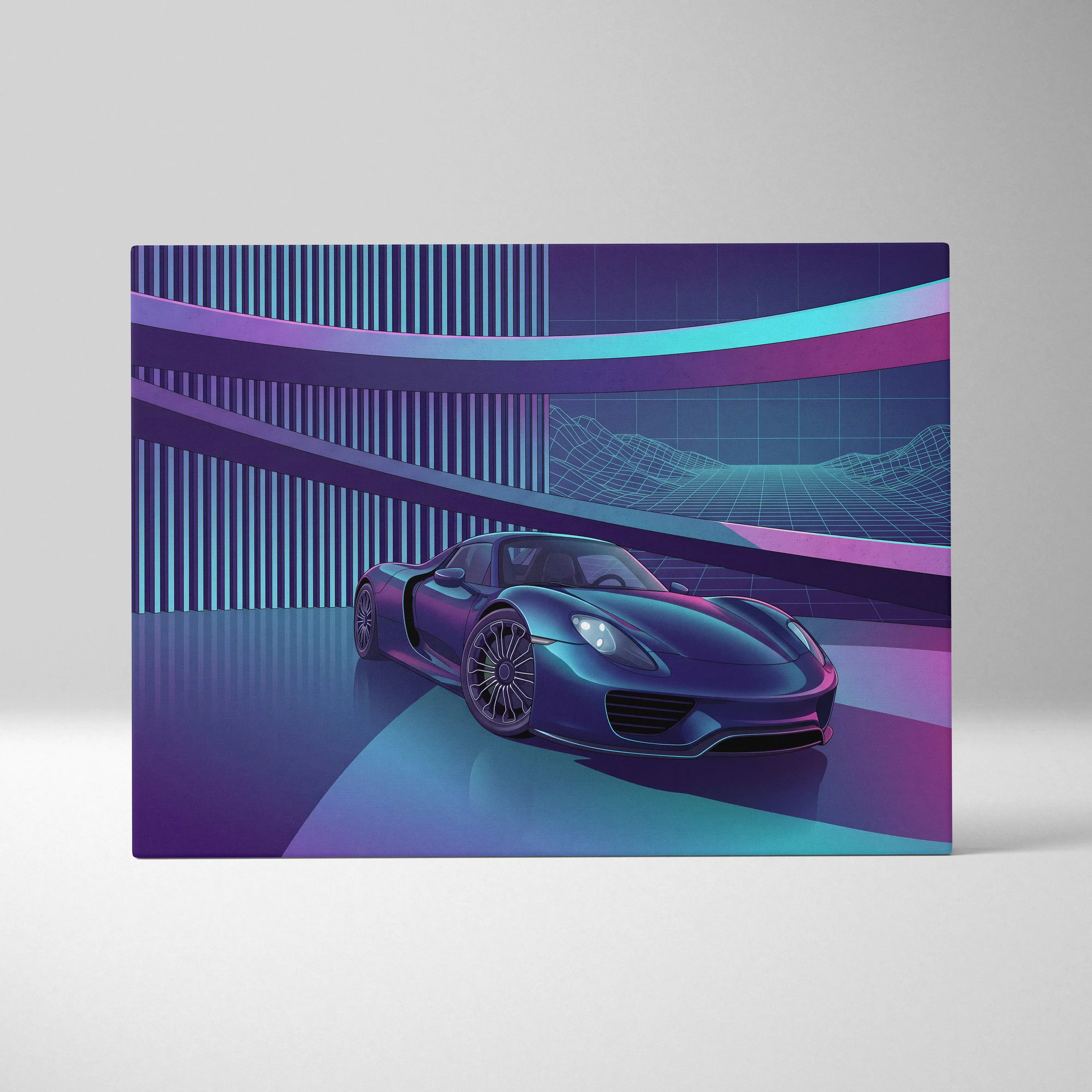 Porsche 918 Spyder Inspired Dark Blue Purple Canvas Wall Art Vaporwave Neon City Hypercar Artwork, Futuristic Garage Decor