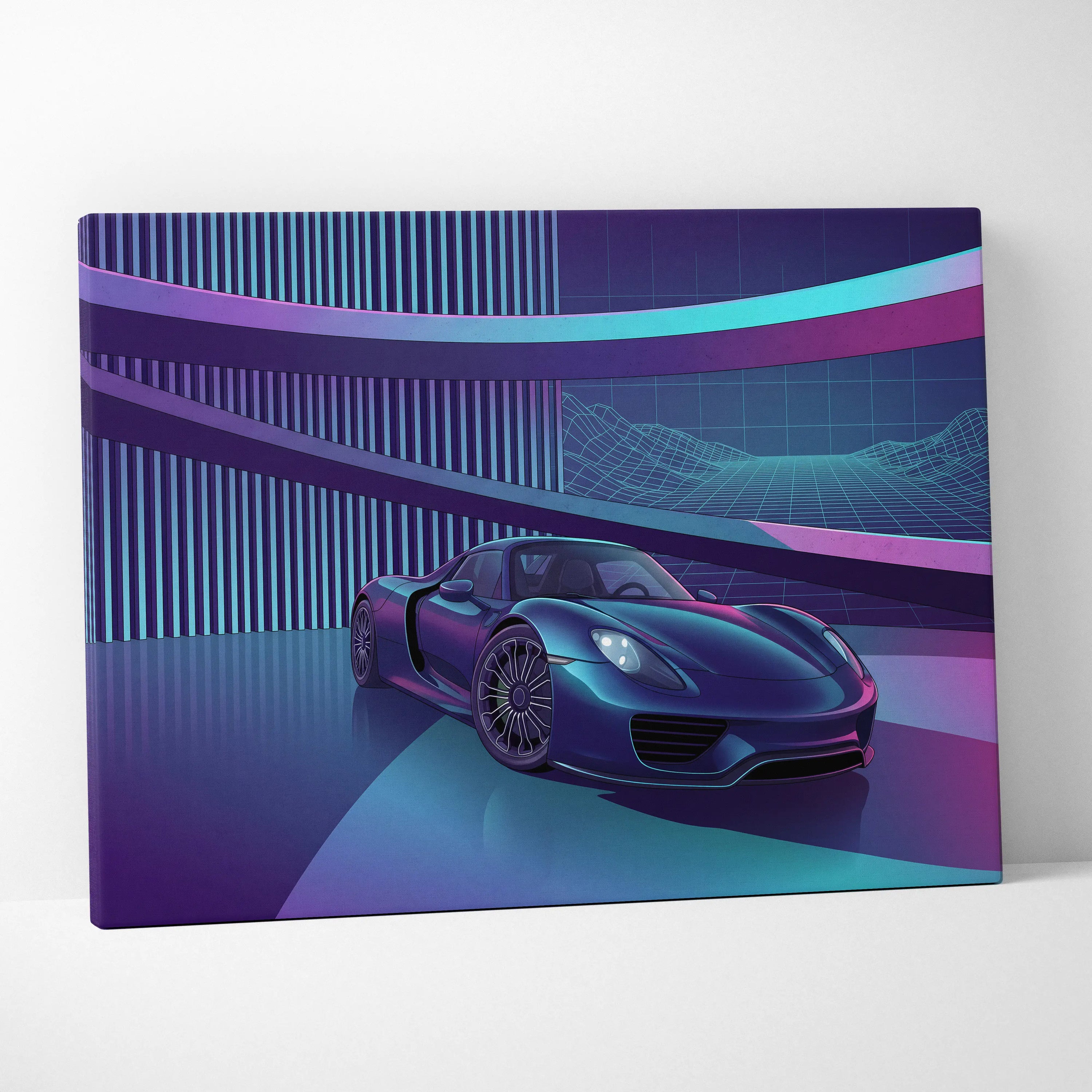 Porsche 918 Spyder Inspired Dark Blue Purple Canvas Wall Art Vaporwave Neon City Hypercar Artwork, Futuristic Garage Decor