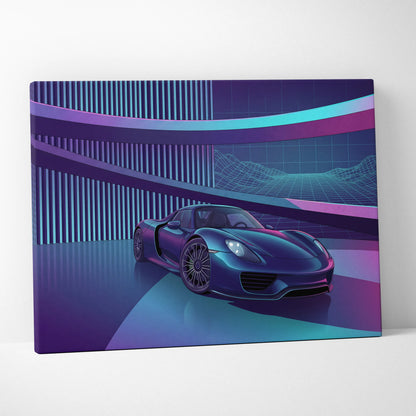 Porsche 918 Spyder Inspired Dark Blue Purple Canvas Wall Art Vaporwave Neon City Hypercar Artwork, Futuristic Garage Decor