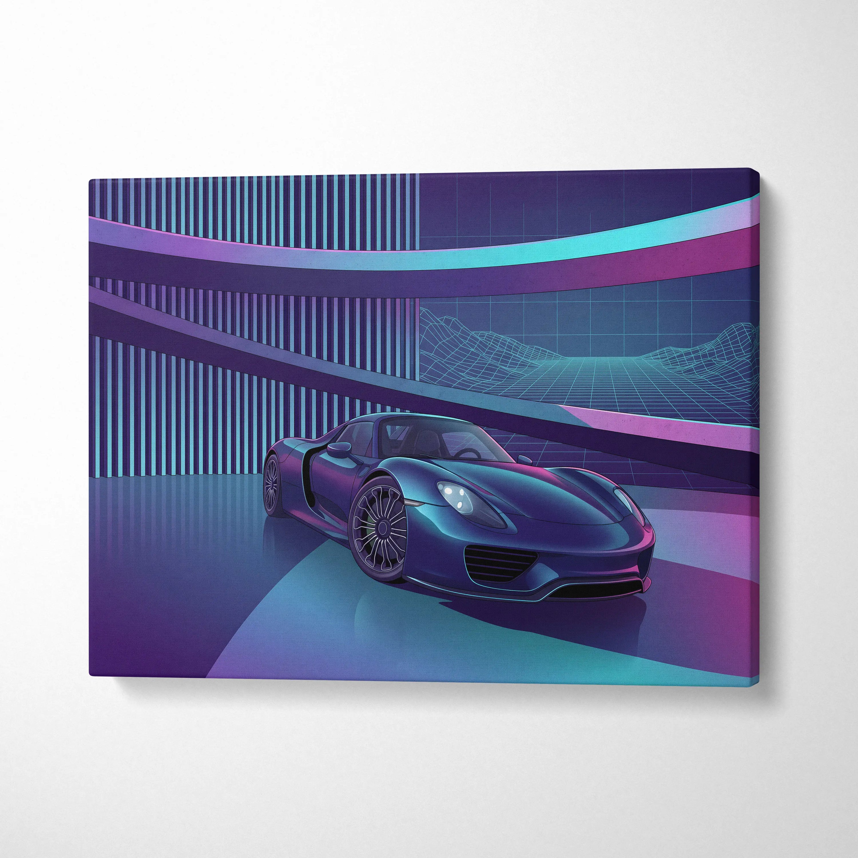 Porsche 918 Spyder Inspired Dark Blue Purple Canvas Wall Art Vaporwave Neon City Hypercar Artwork, Futuristic Garage Decor