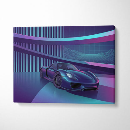 Porsche 918 Spyder Inspired Dark Blue Purple Canvas Wall Art Vaporwave Neon City Hypercar Artwork, Futuristic Garage Decor
