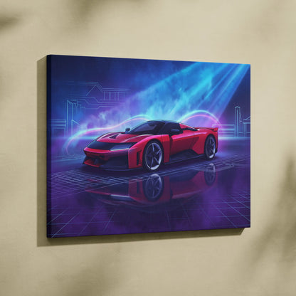 Ferrari F80 Inspired Red Blue Canvas Wall Art, Vaporwave Hypercar Artwork, Neon City Garage Decor, Retro Futuristic Motorsport Print