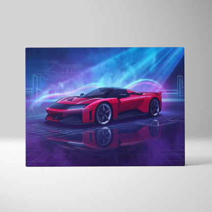 Ferrari F80 Inspired Red Blue Canvas Wall Art, Vaporwave Hypercar Artwork, Neon City Garage Decor, Retro Futuristic Motorsport Print