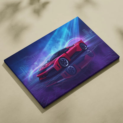 Ferrari F80 Inspired Red Blue Canvas Wall Art, Vaporwave Hypercar Artwork, Neon City Garage Decor, Retro Futuristic Motorsport Print