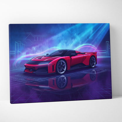 Ferrari F80 Inspired Red Blue Canvas Wall Art, Vaporwave Hypercar Artwork, Neon City Garage Decor, Retro Futuristic Motorsport Print