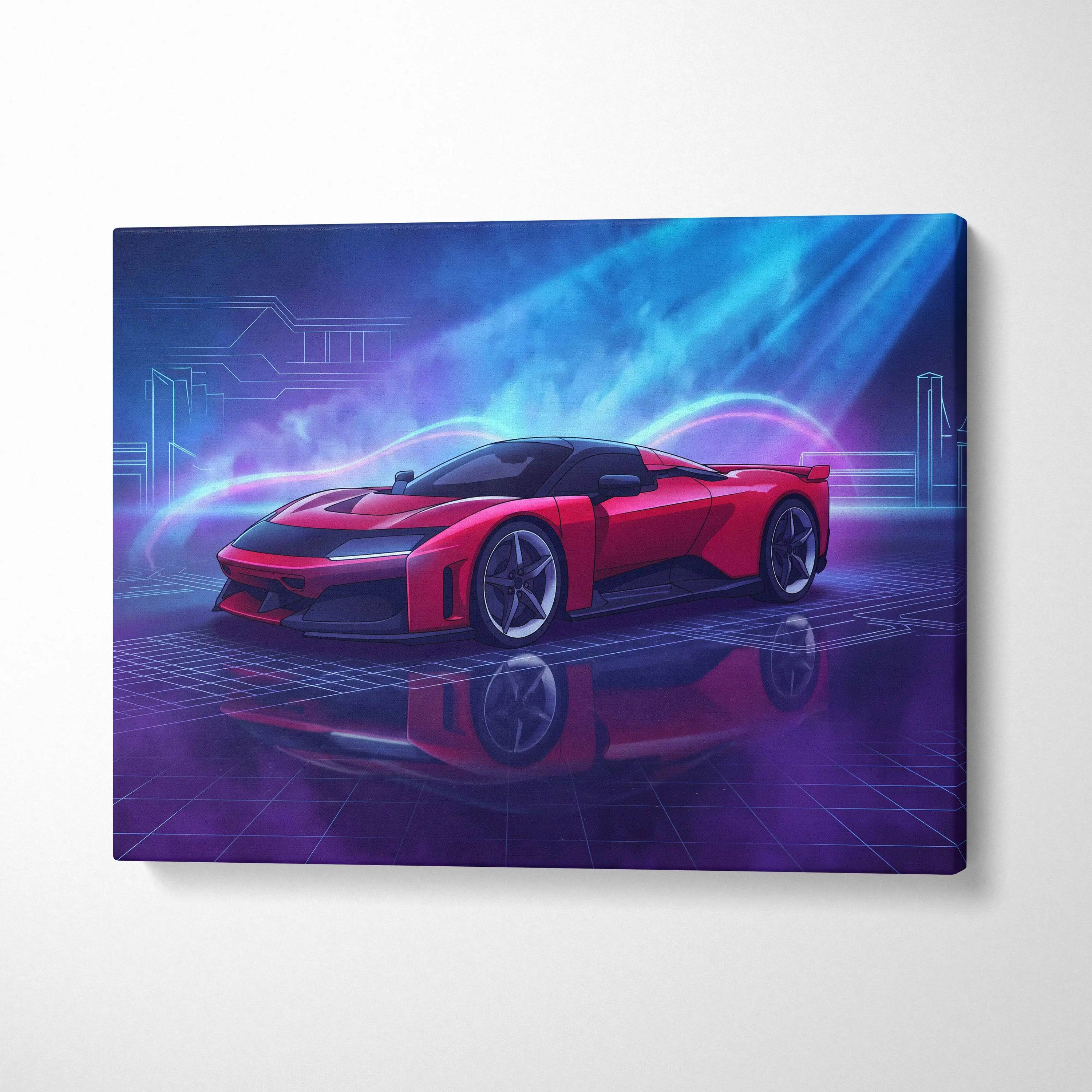 Ferrari F80 Inspired Red Blue Canvas Wall Art, Vaporwave Hypercar Artwork, Neon City Garage Decor, Retro Futuristic Motorsport Print