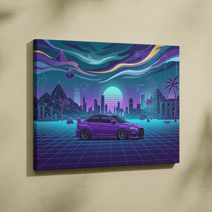Mitsubishi Lancer Evolution X Inspired Purple Teal Canvas Wall Art, Neon Vaporwave JDM Sedan Artwork for Garage Decor