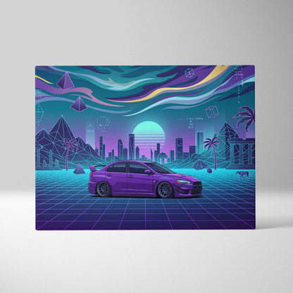 Mitsubishi Lancer Evolution X Inspired Purple Teal Canvas Wall Art, Neon Vaporwave JDM Sedan Artwork for Garage Decor