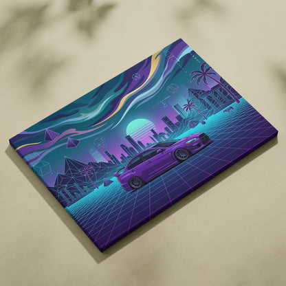 Mitsubishi Lancer Evolution X Inspired Purple Teal Canvas Wall Art, Neon Vaporwave JDM Sedan Artwork for Garage Decor