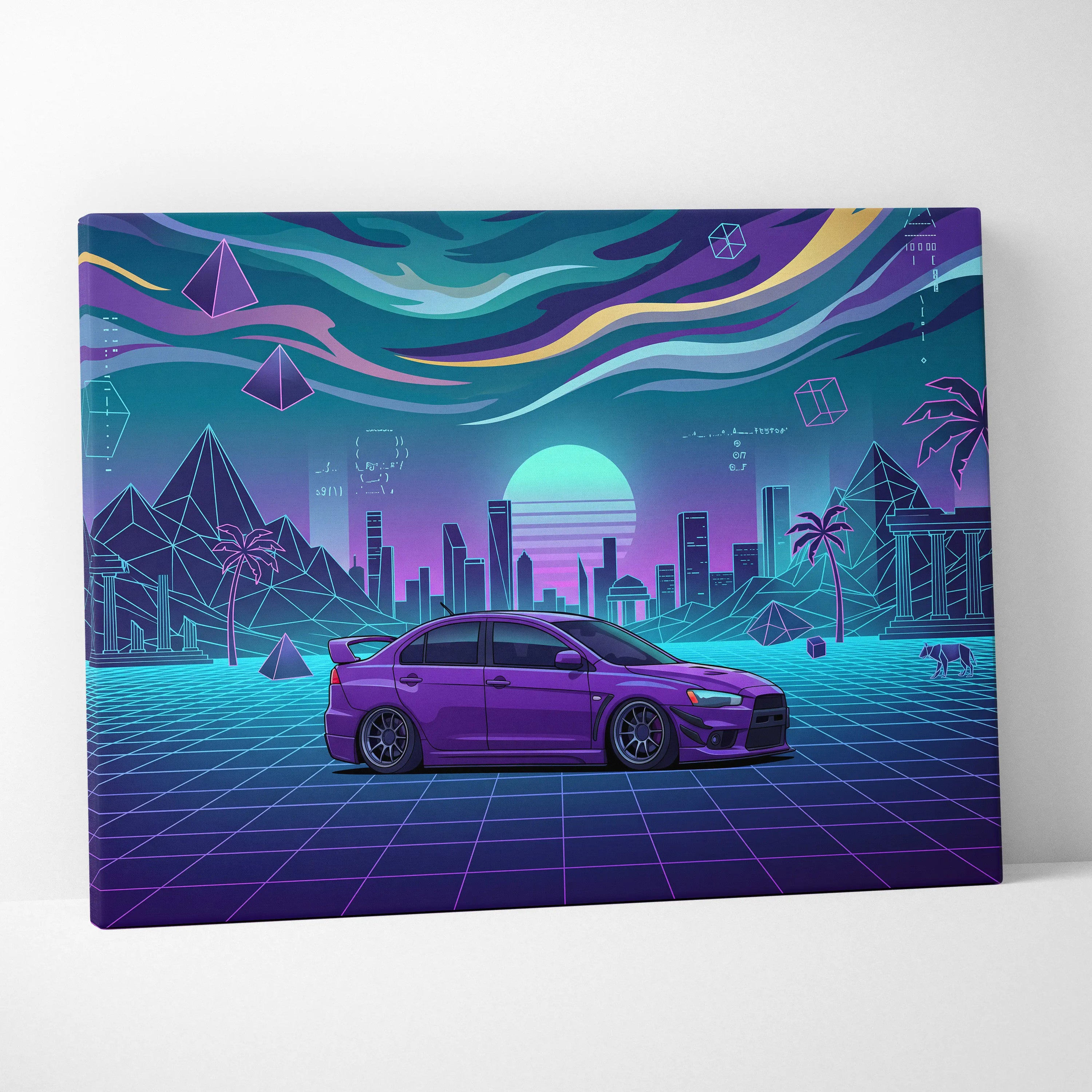 Mitsubishi Lancer Evolution X Inspired Purple Teal Canvas Wall Art, Neon Vaporwave JDM Sedan Artwork for Garage Decor
