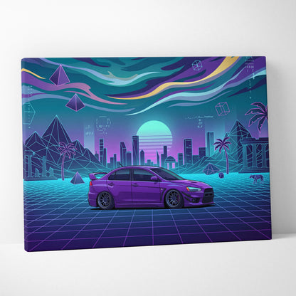 Mitsubishi Lancer Evolution X Inspired Purple Teal Canvas Wall Art, Neon Vaporwave JDM Sedan Artwork for Garage Decor