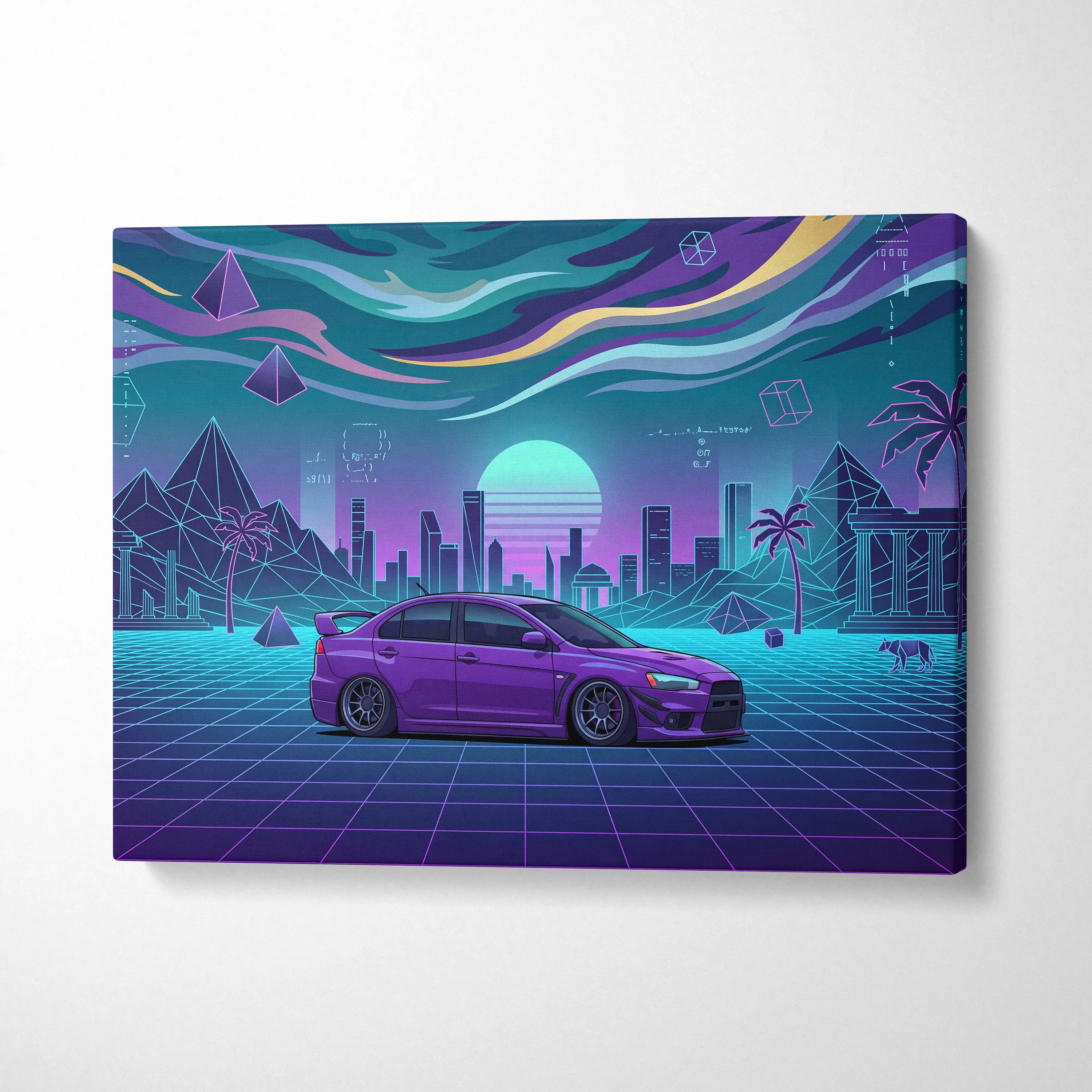 Mitsubishi Lancer Evolution X Inspired Purple Teal Canvas Wall Art, Neon Vaporwave JDM Sedan Artwork for Garage Decor